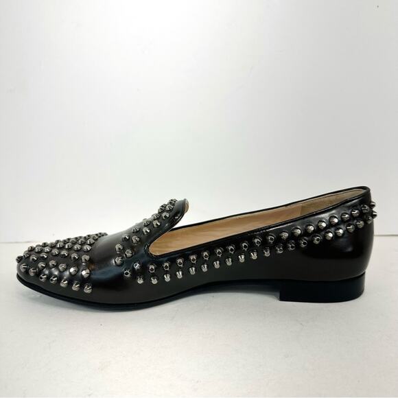 Prada Black Leather Silver Studded Smoking Loafer flats Size 38 US Size 8 - Picture 5 of 10